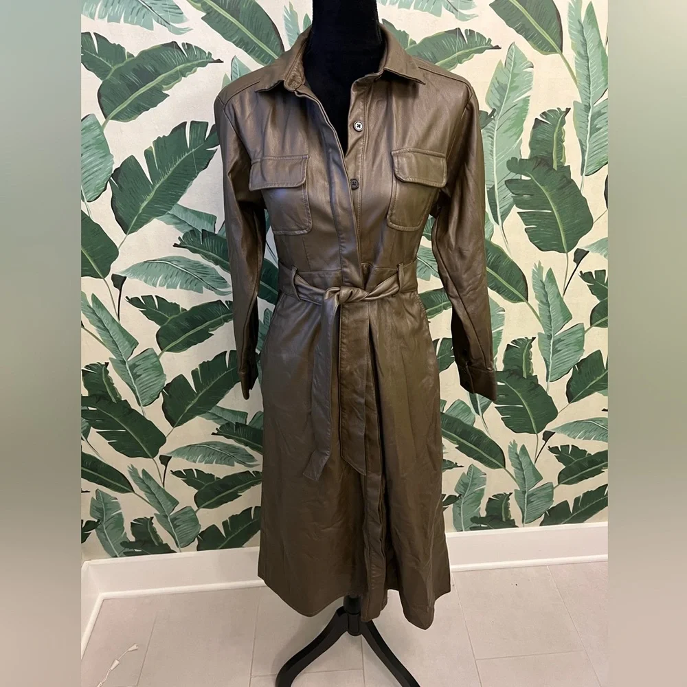 Marissa Webb RTR Green Faux Leather Dress Long Sleeve Trench Belted Womens 4 - Picture 3 of 10